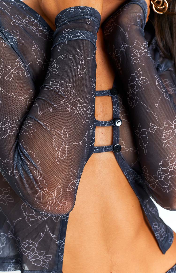 Georgia Black Print Mesh Top
