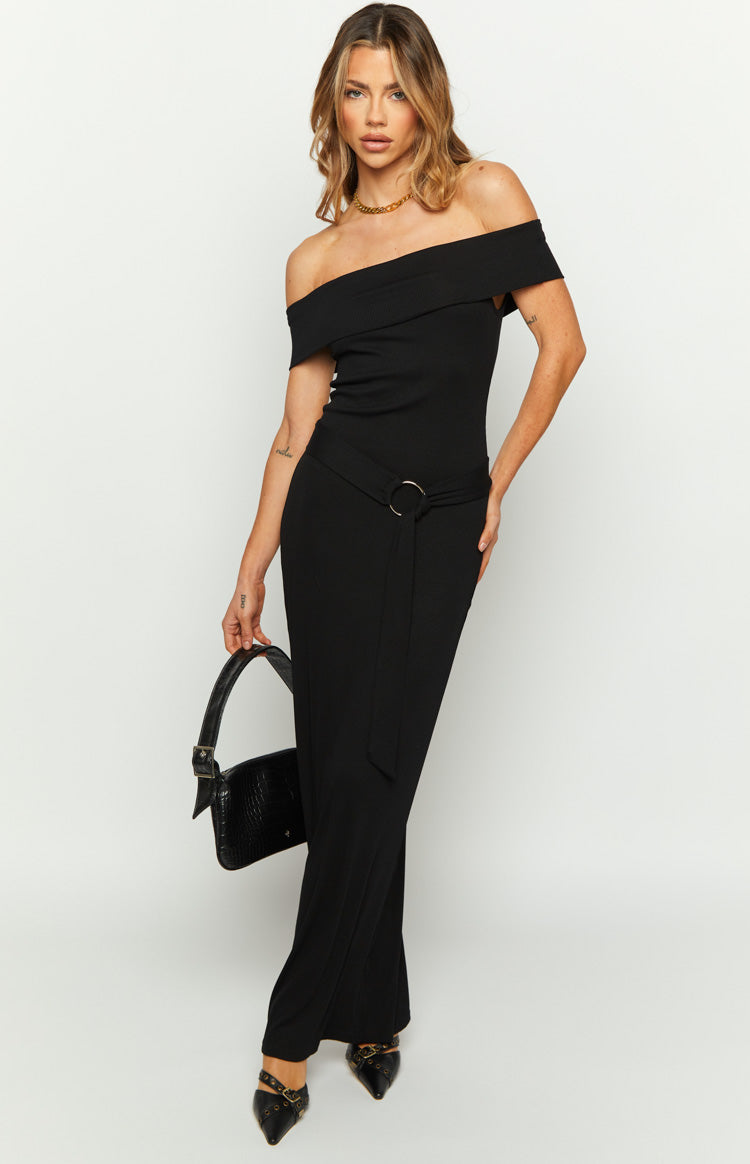The Sophia Off The Shoulder Belt Black Maxi Dress