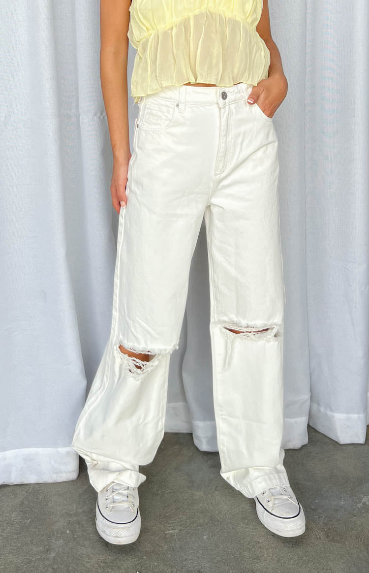 A 94 High & Wide Washed White Rip Jeans