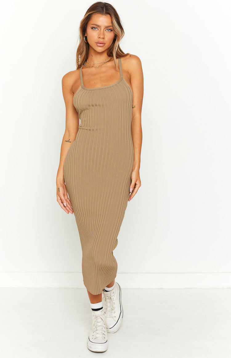Ellis Khaki Rib Knit Midi Dress