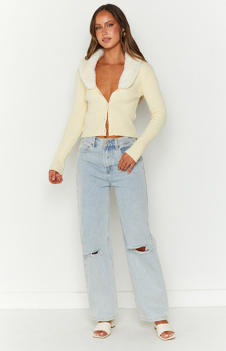 Blizzard Collared Ribbed Cardi Cream