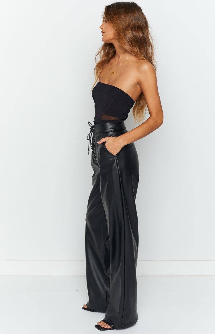 Kelsy Black Lace Up PU Pants