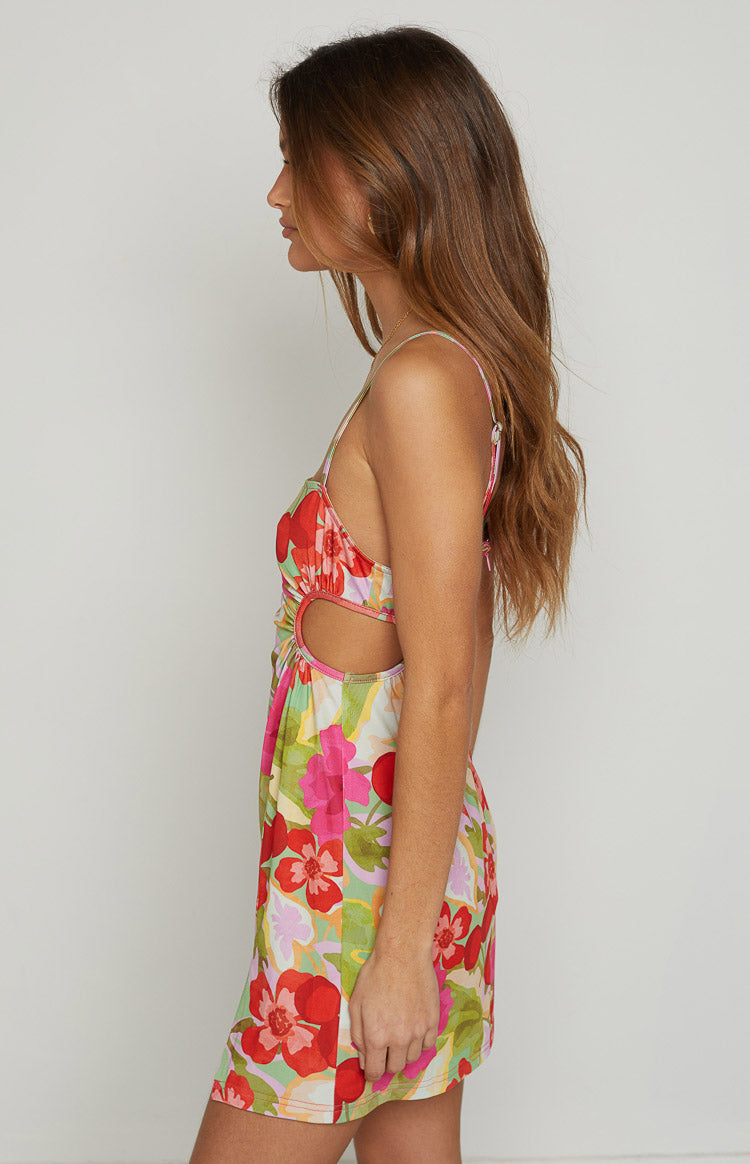 Jenna Pink Floral Cut Out Mini Dress