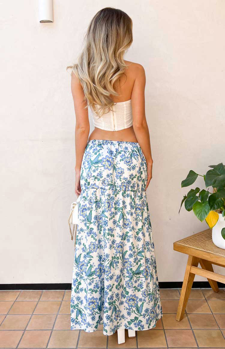Sweet Satin Blue Floral Maxi Skirt