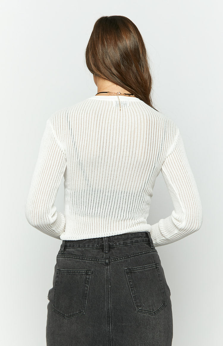 Gems Sheer White Knit Long Sleeve Top