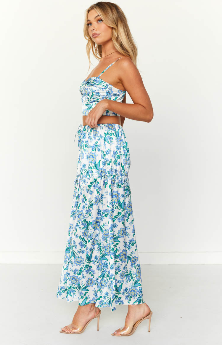 Sweet Satin Blue Floral Maxi Skirt