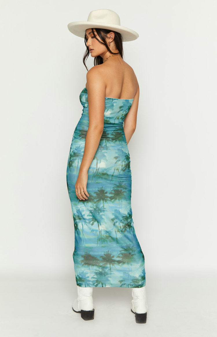 Adriana Blue Print Strapless Maxi Mesh Dress