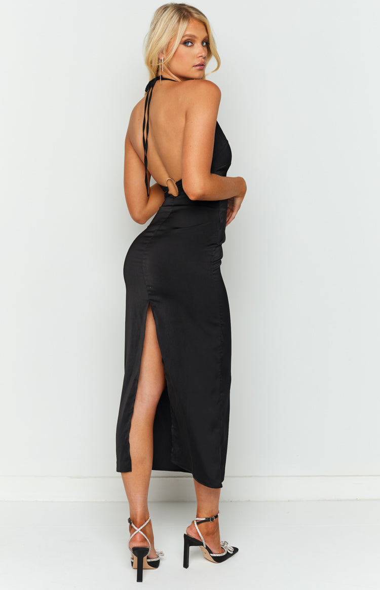 Shelby Black Satin Halter Midi Dress