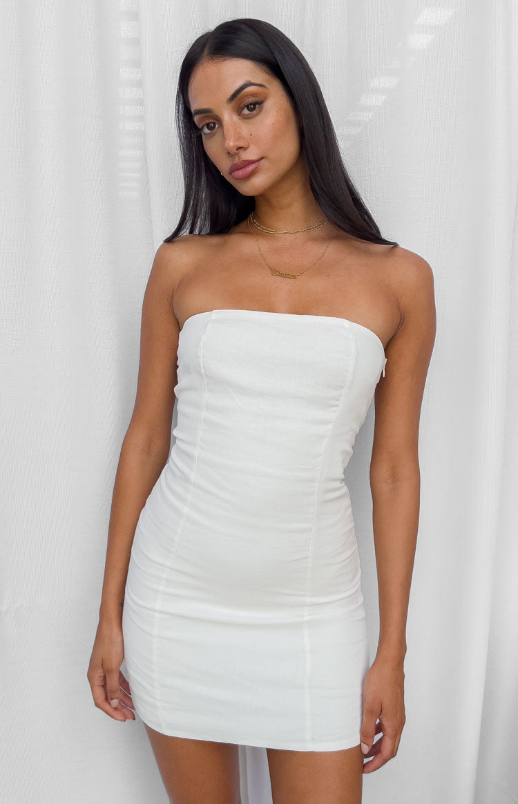 Arbor White Strapless Linen Blend Mini Dress