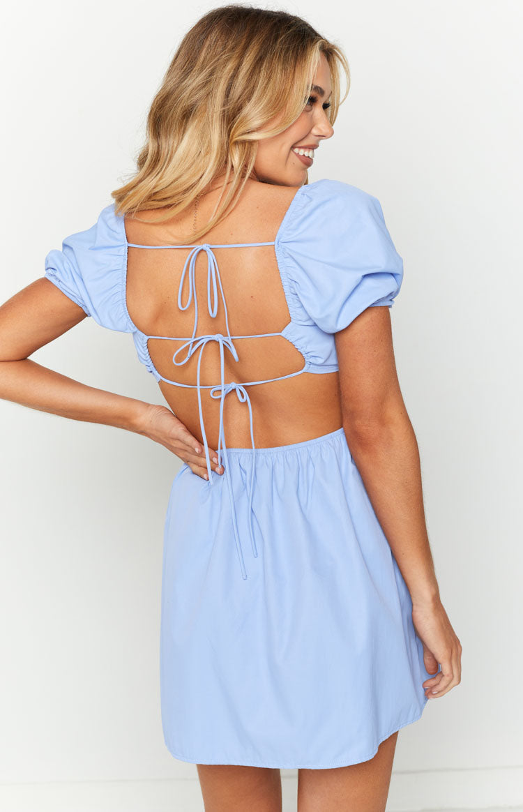 Lovey Blue Puff Sleeve Ruched Mini Dress