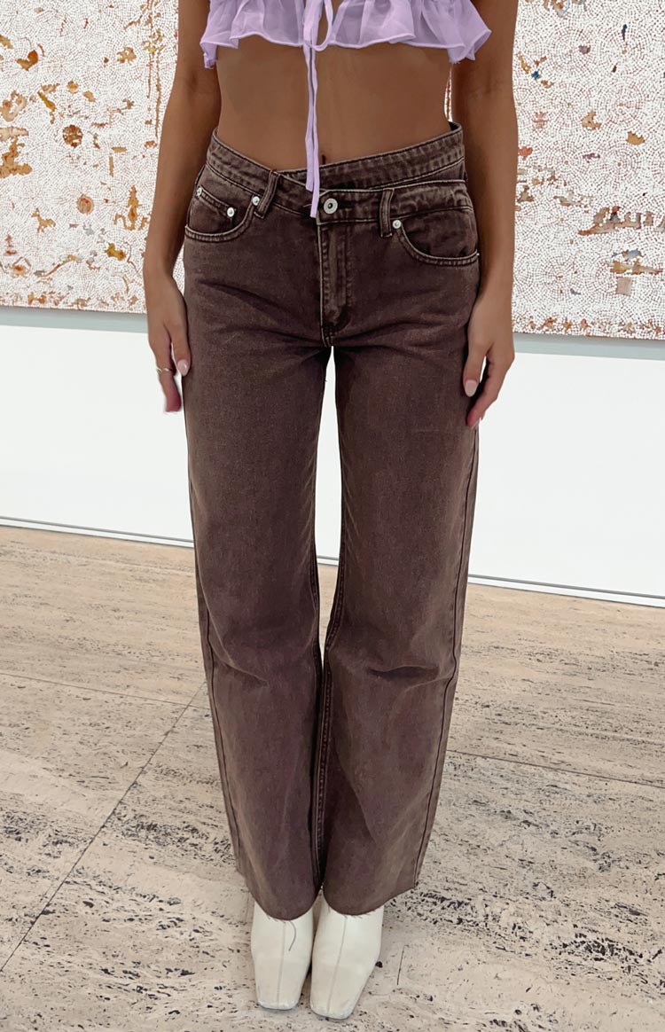 Kansis Brown Uneven Waist Jeans
