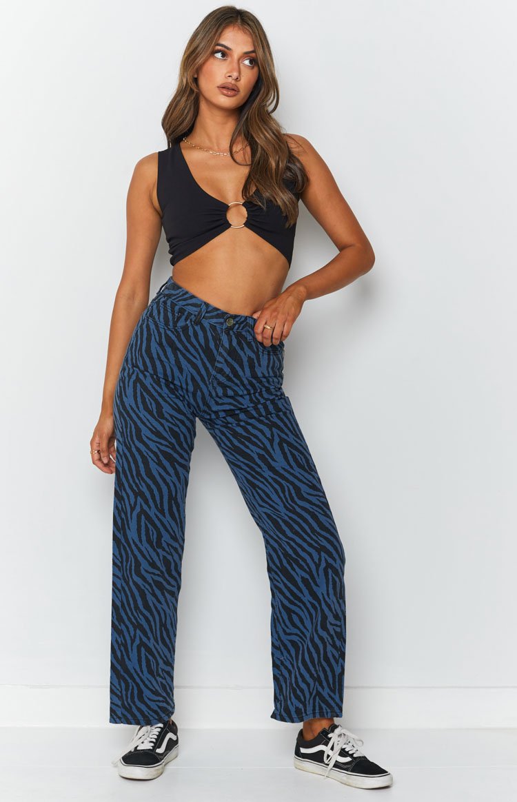 Jungle Swing Print Straight Leg Jeans Blue