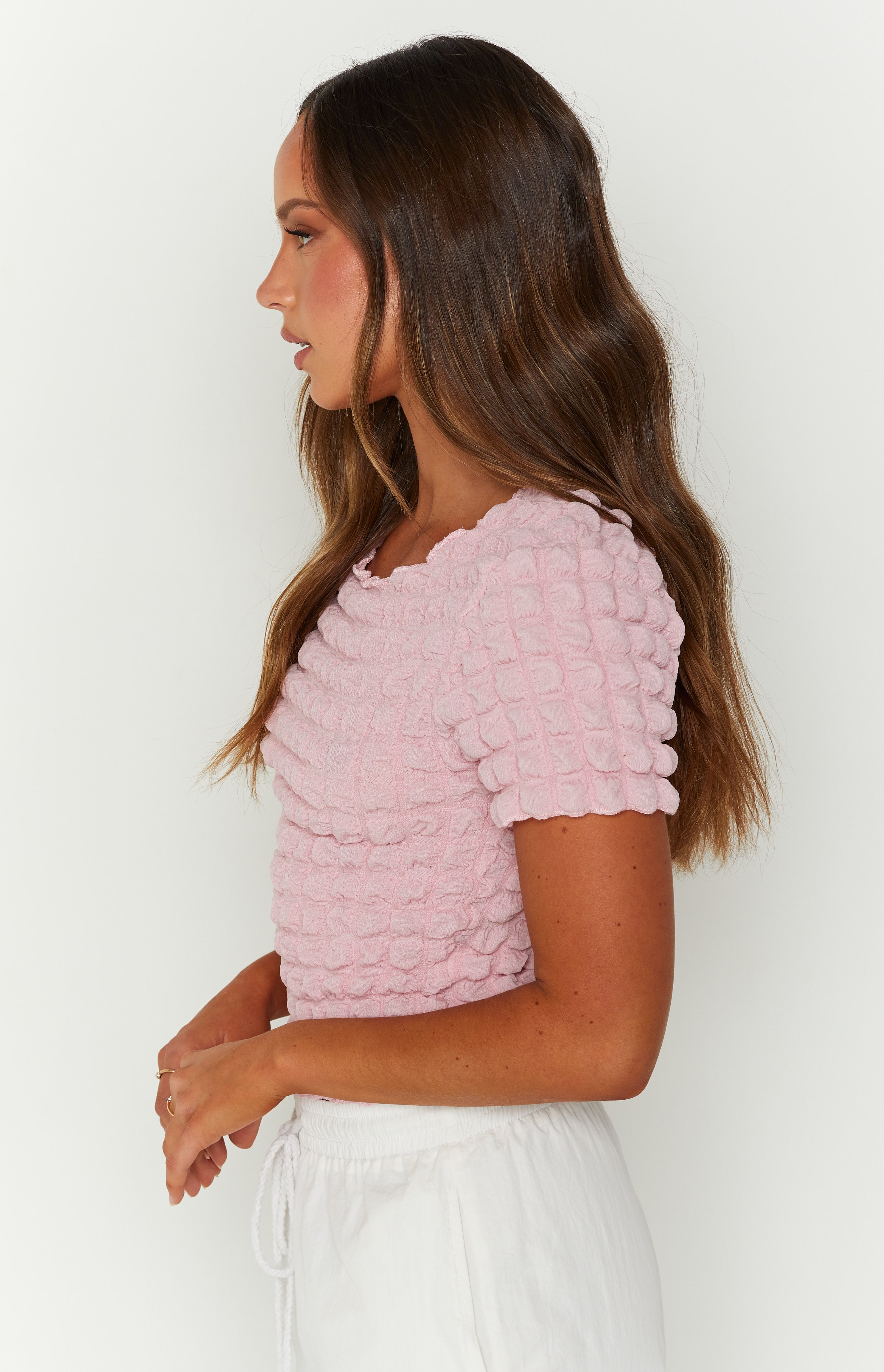 Bubble Pink Short Sleeved Crop Top