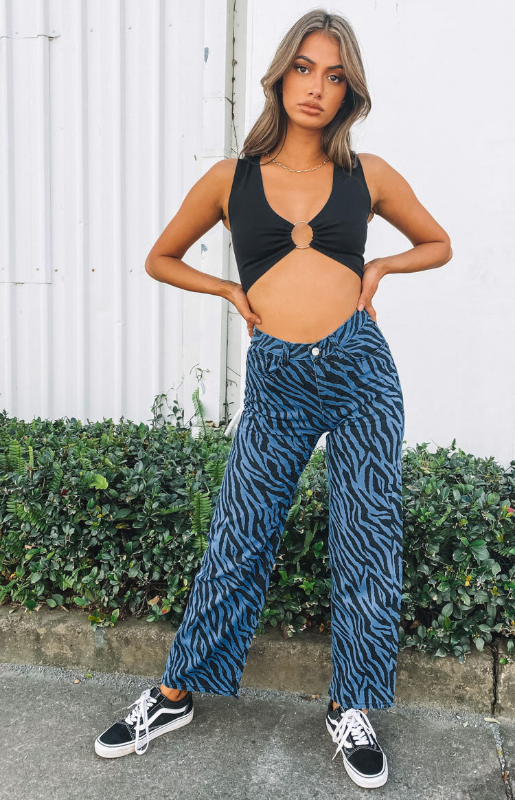 Jungle Swing Print Straight Leg Jeans Blue