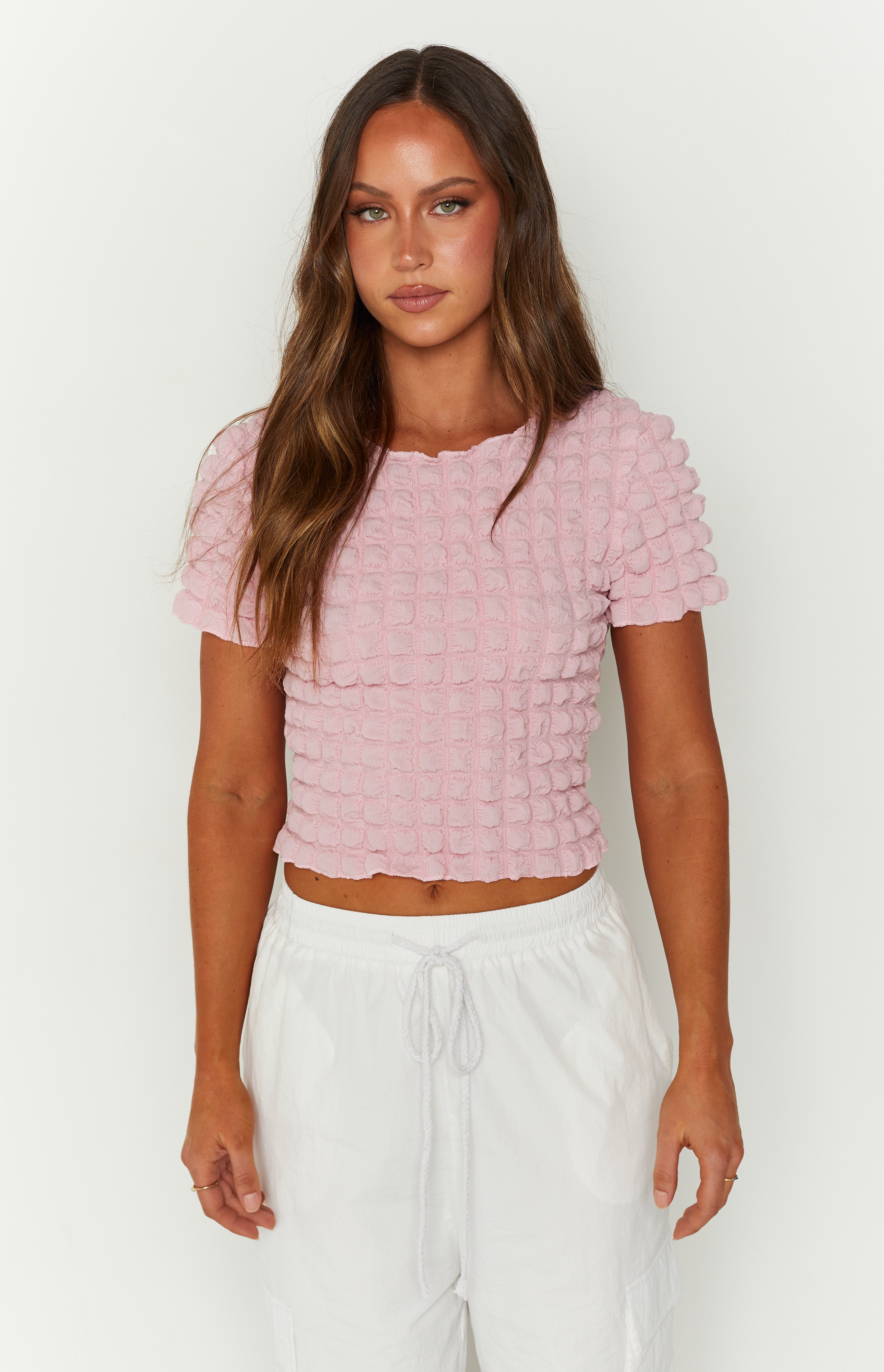 Bubble Pink Short Sleeved Crop Top