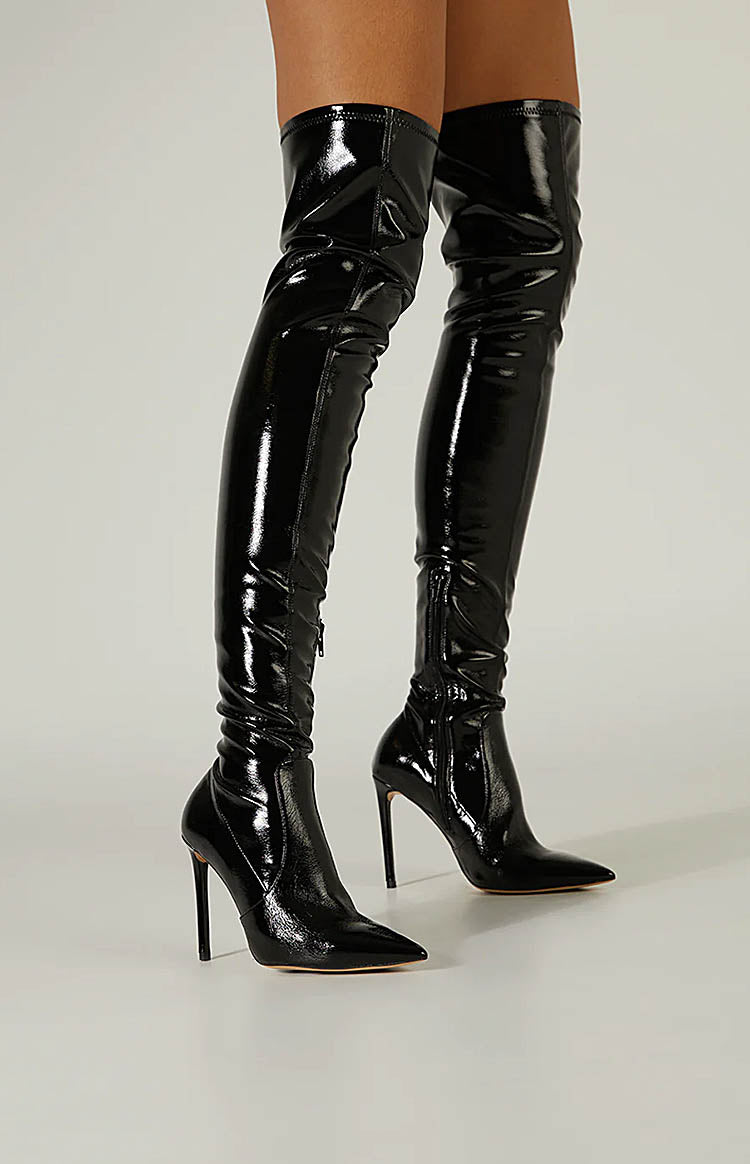 Tony Bianco Avah Black Crinkle Patent Knee High Boots