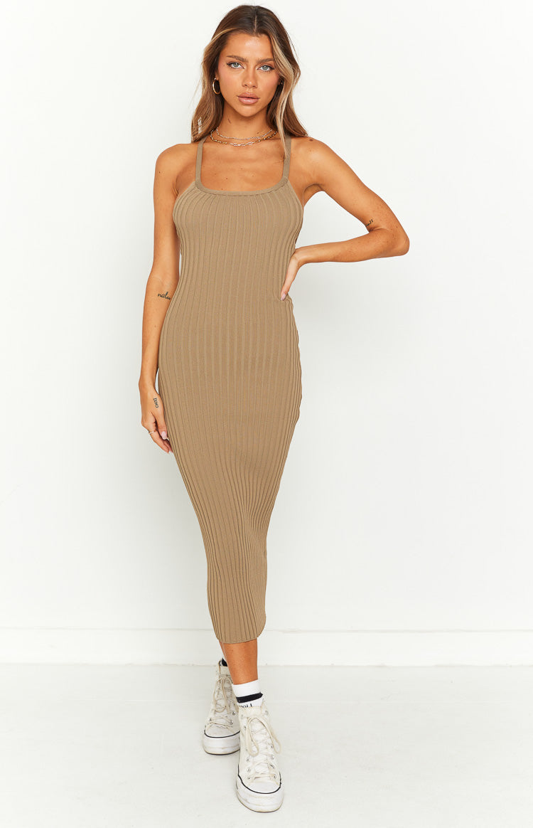 Ellis Khaki Rib Knit Midi Dress