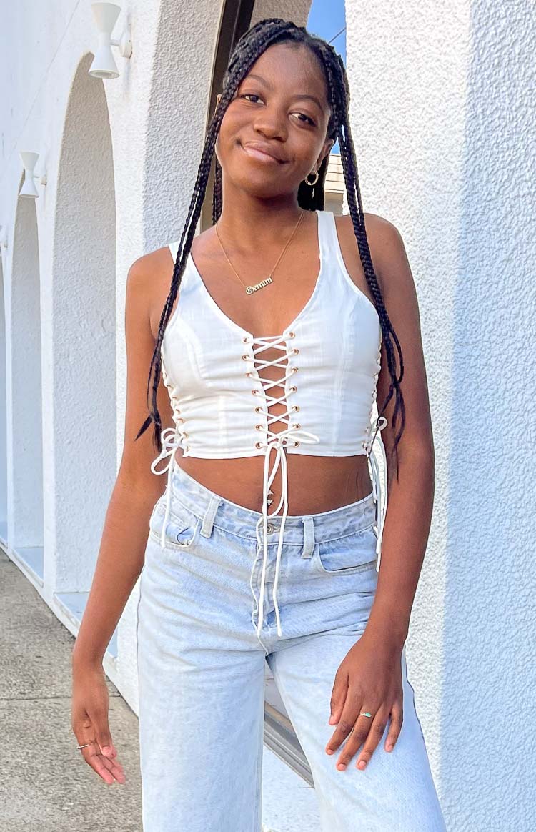 Hadid White Lace Up Top