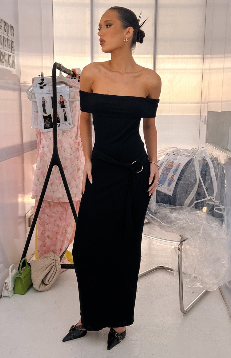 The Sophia Off The Shoulder Belt Black Maxi Dress