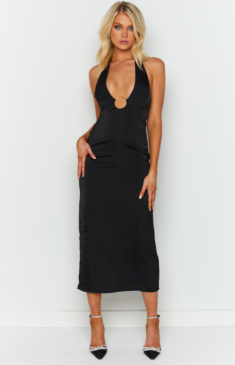 Shelby Black Satin Halter Midi Dress