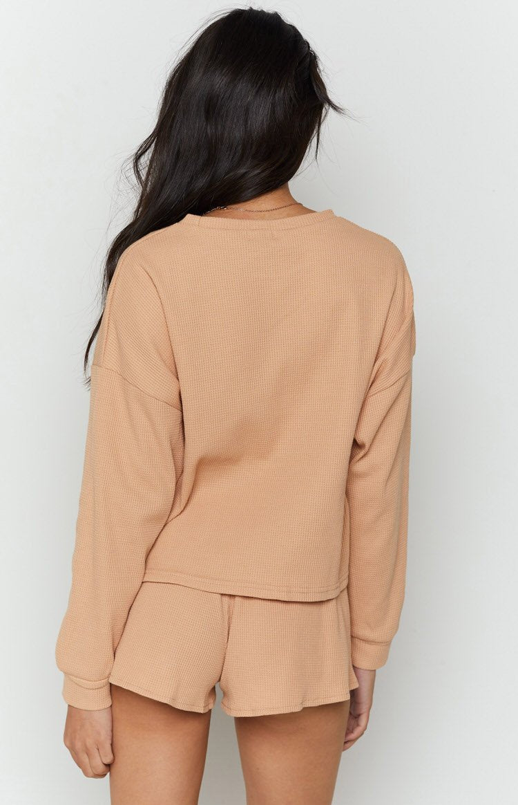 Steph Long Sleeve Waffle Top Tan