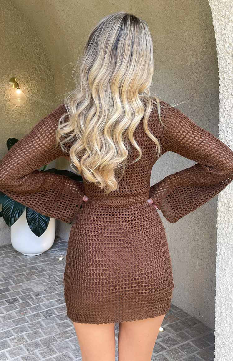 Donovan Brown Crochet Mini Dress