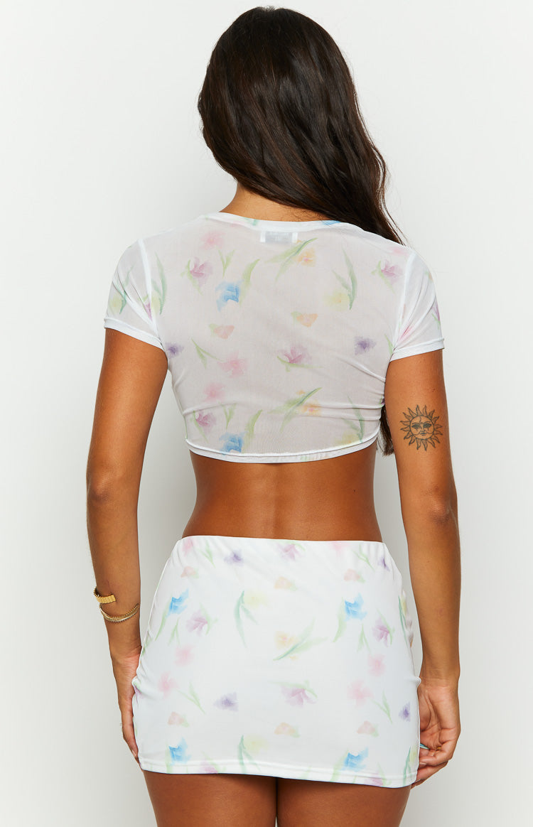 Ruel White Floral Mesh Mini Skirt