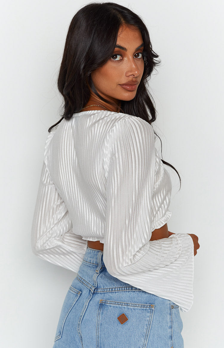 Tayla White Pleated Long Sleeve Top