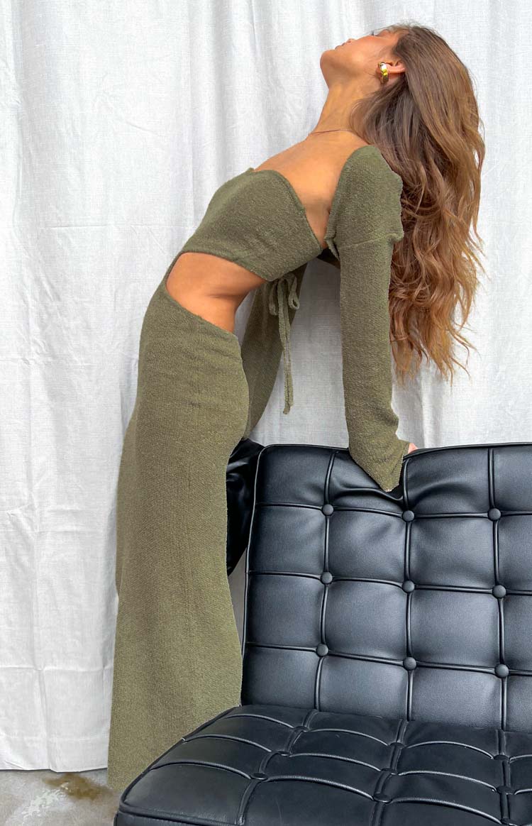 Alba Khaki Long Sleeve Knit Midi Dress
