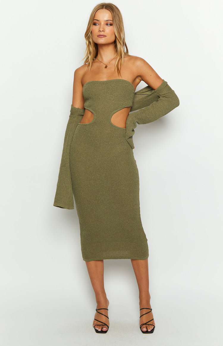 Alba Khaki Long Sleeve Knit Midi Dress