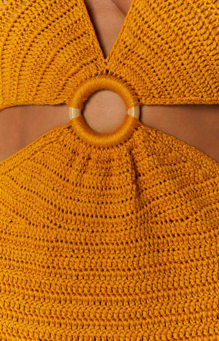 Love Sick Mustard Crochet Halter Mini Dress