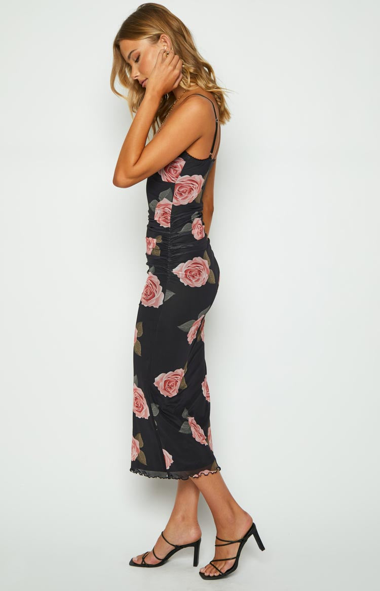 Capri Black Floral Mesh Midi Dress
