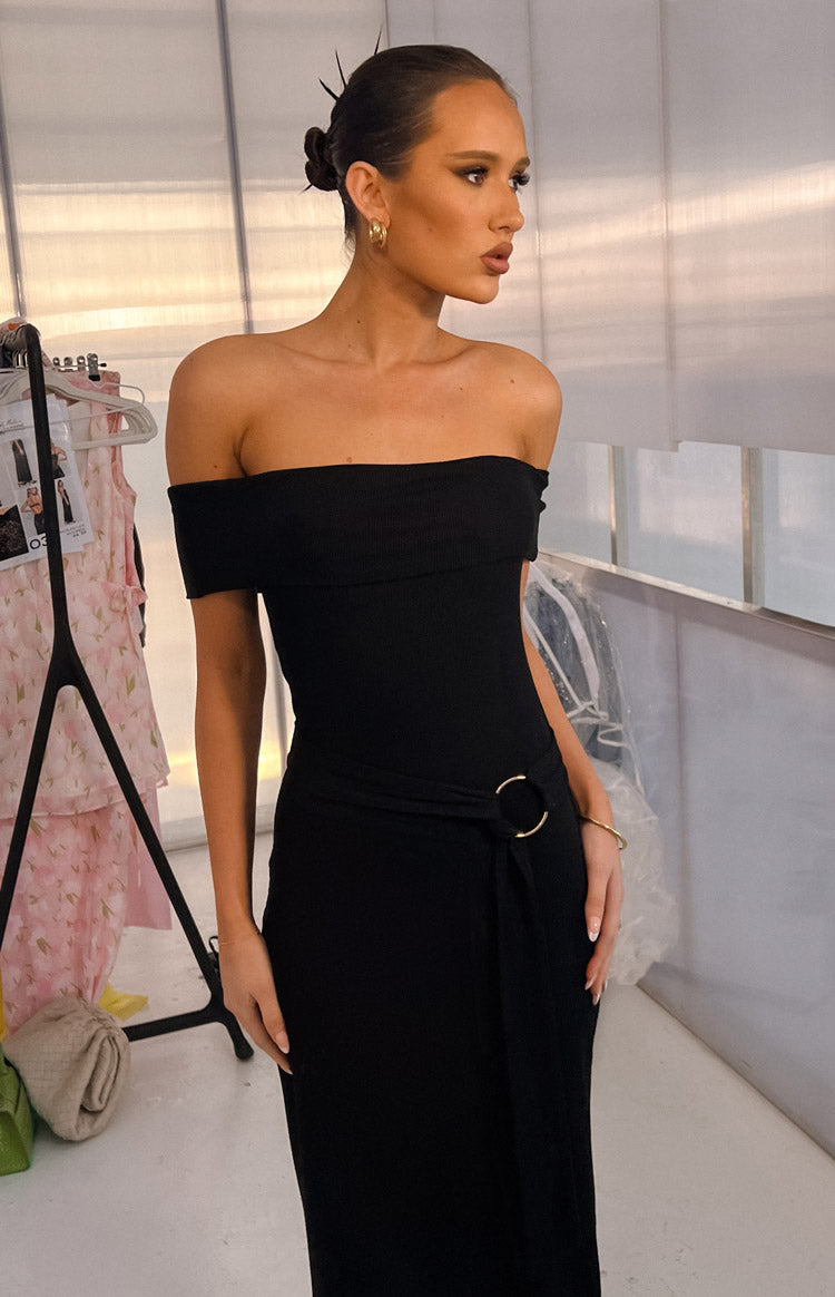 The Sophia Off The Shoulder Belt Black Maxi Dress