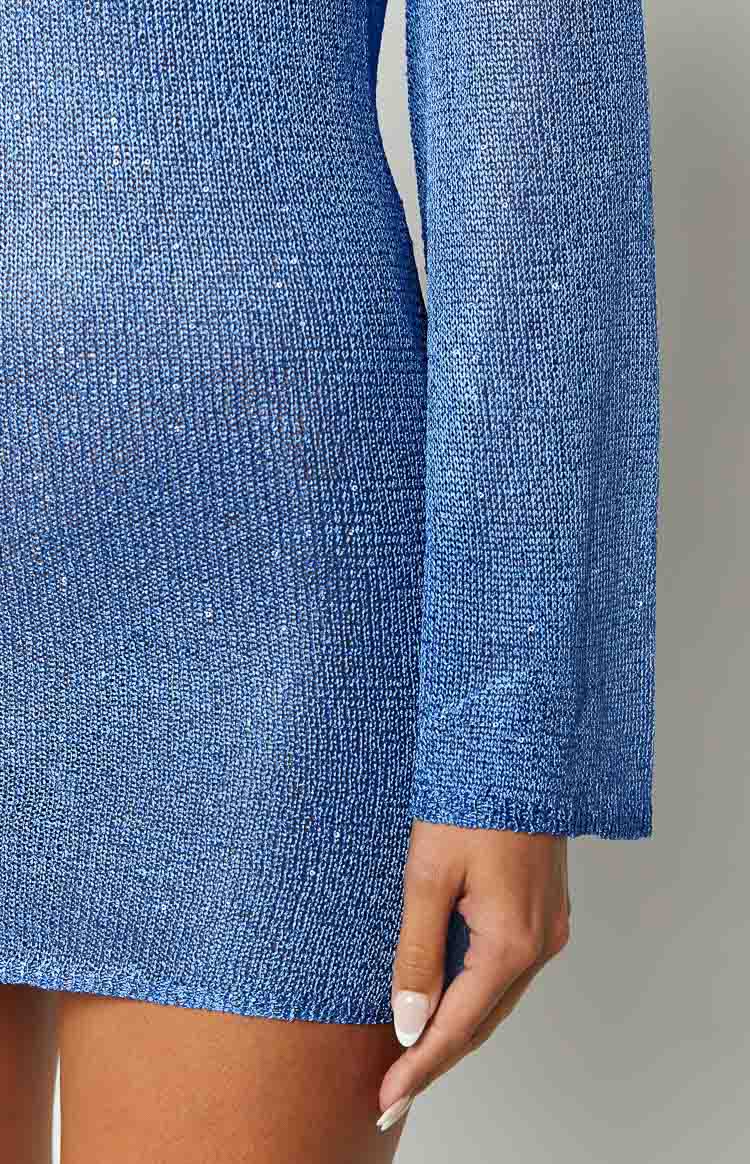 Alyiah Blue Sequin Knit Long Sleeve Mini Dress