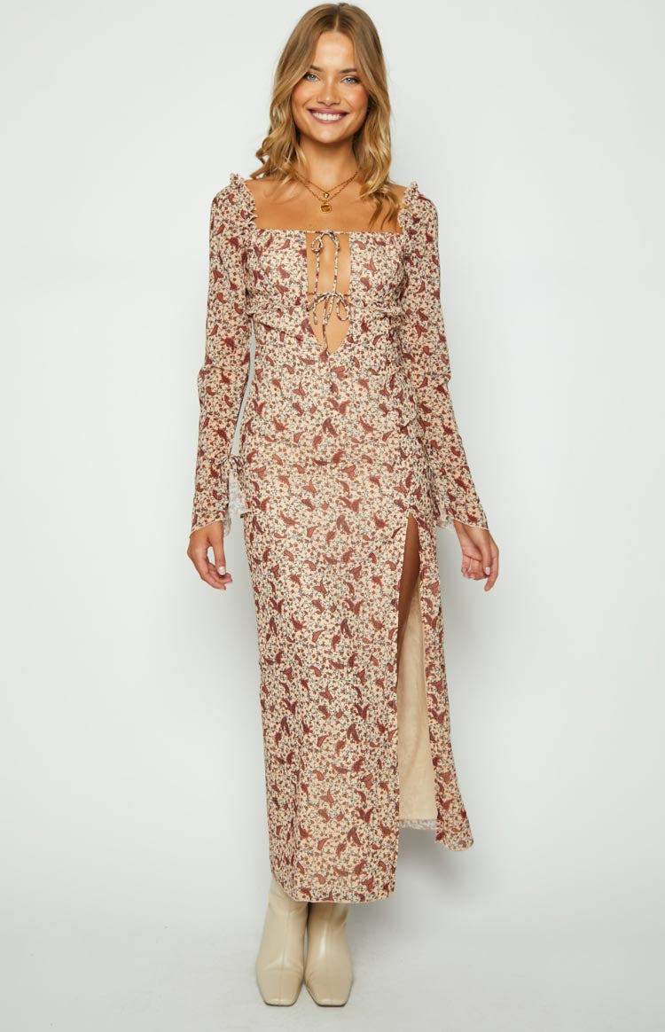 Marea Cream Paisley Print Long Sleeve Maxi Dress