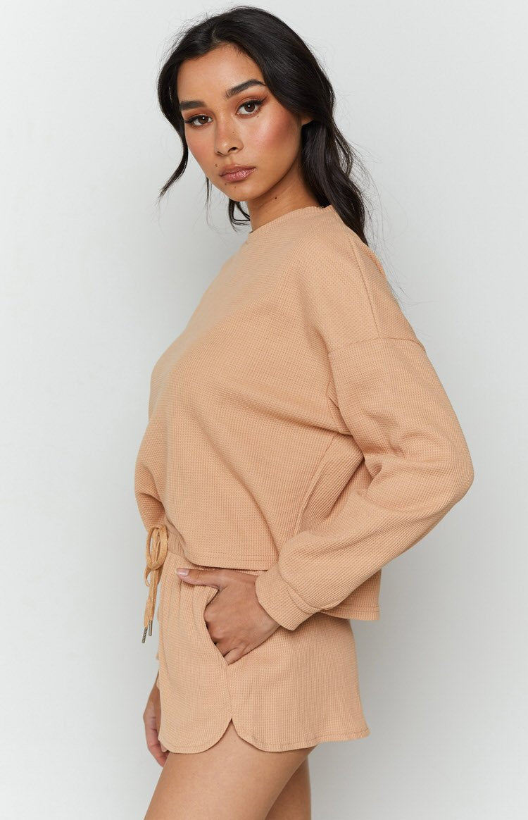 Steph Long Sleeve Waffle Top Tan