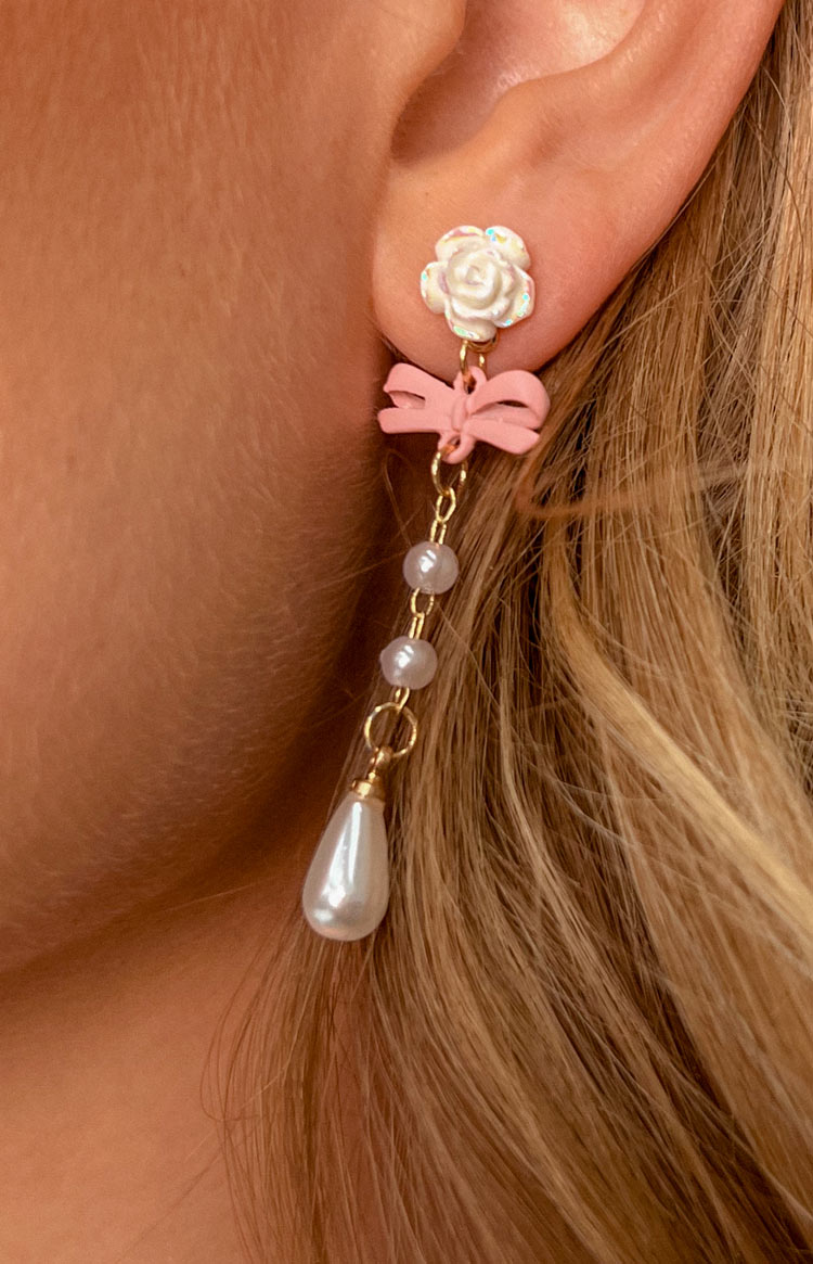 Kaia Pink Bow Pearl Drop Earrings