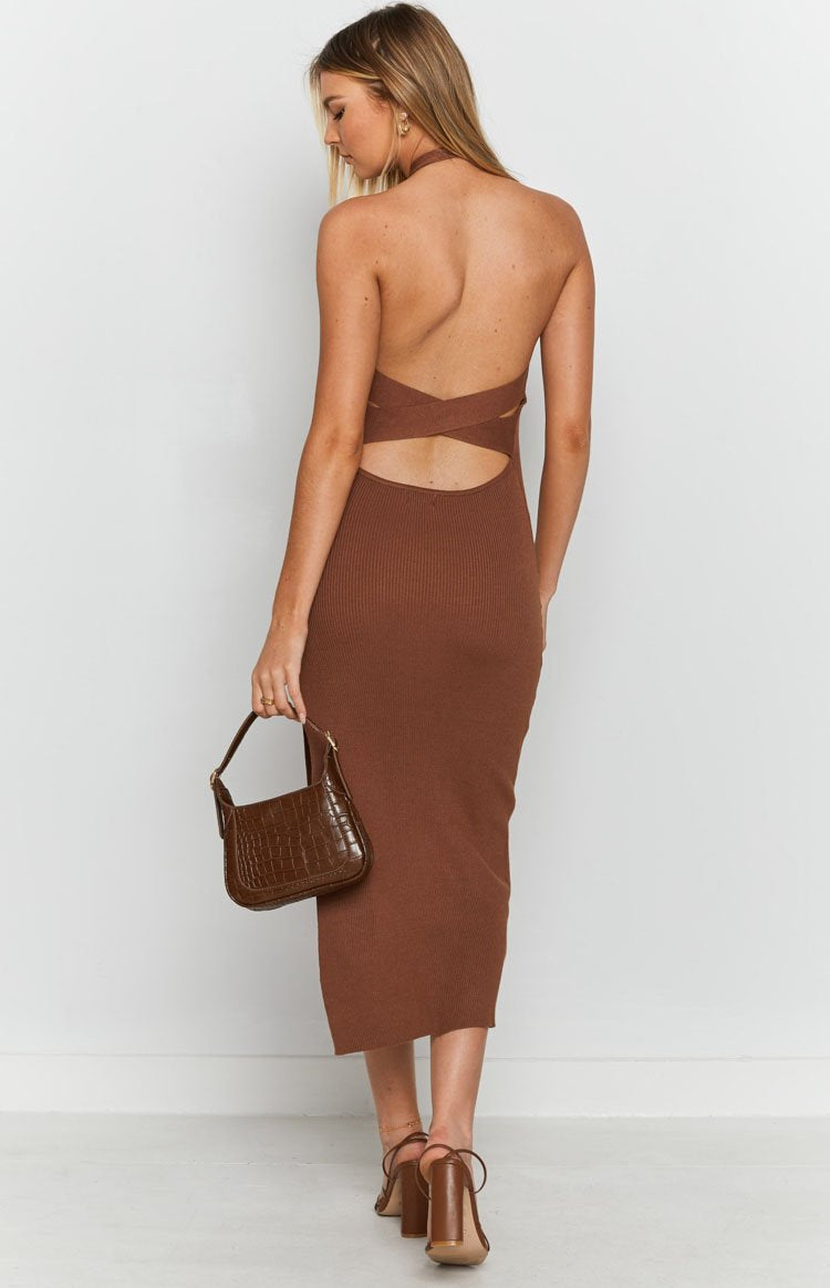 She's Not Afraid Halter Midi Dress Chocolate