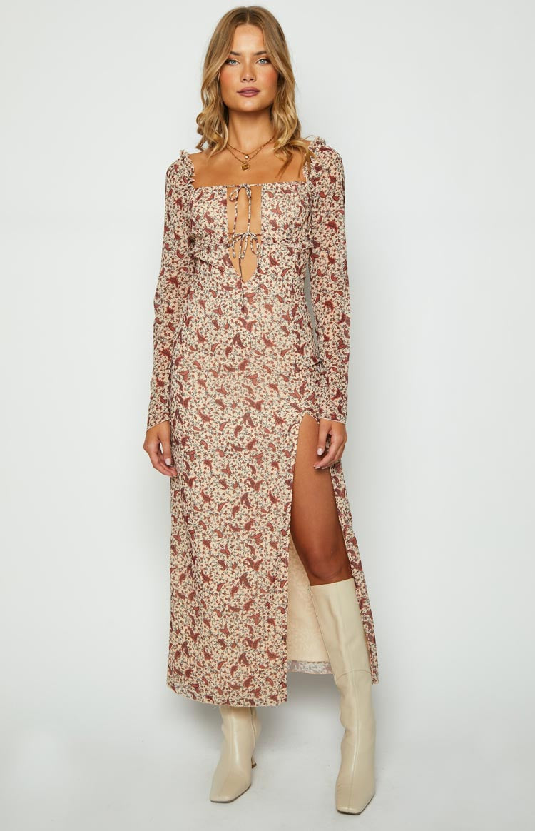 Marea Cream Paisley Print Long Sleeve Maxi Dress