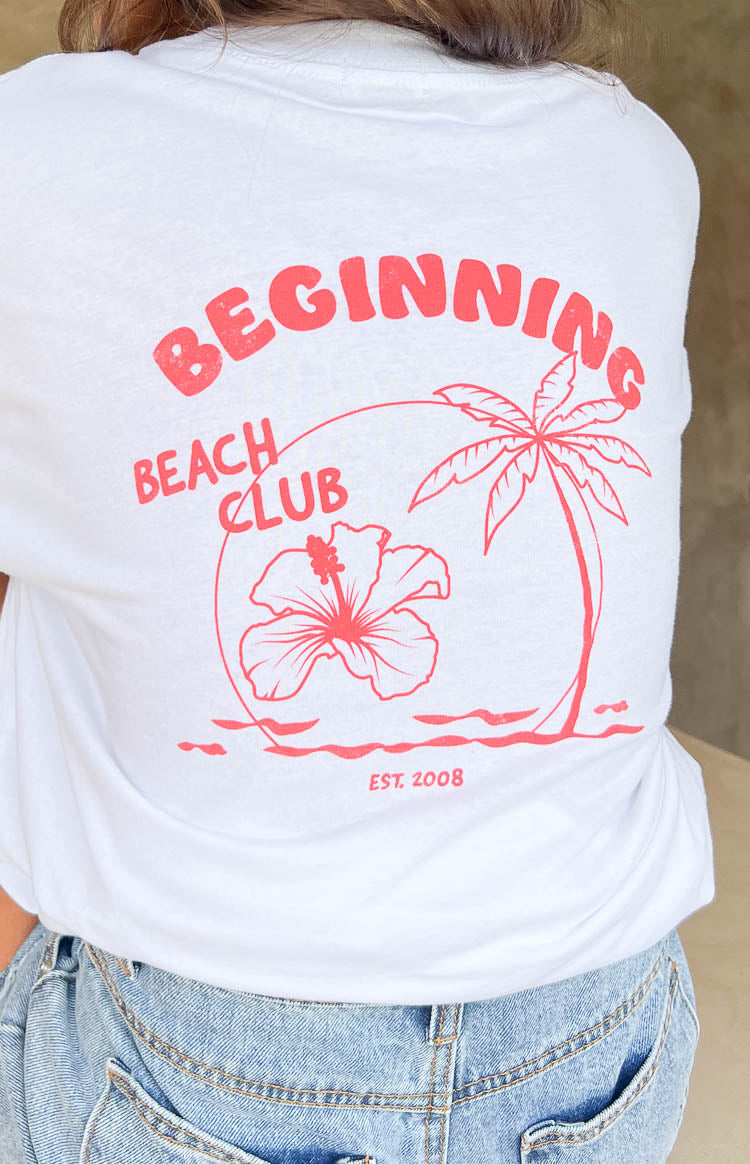 Beach Club White Print Oversized Tee