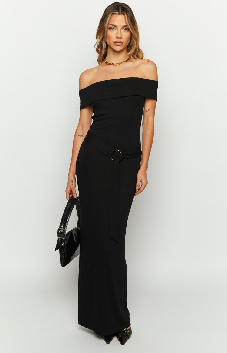 The Sophia Off The Shoulder Belt Black Maxi Dress
