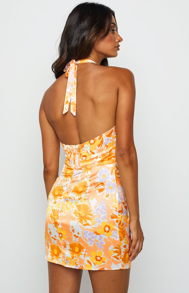 Brooke Orange Floral Halter Mini Dress