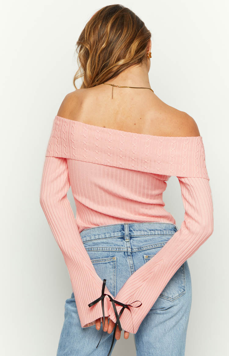 Della Pink Off The Shoulder Long Sleeve Knit Top