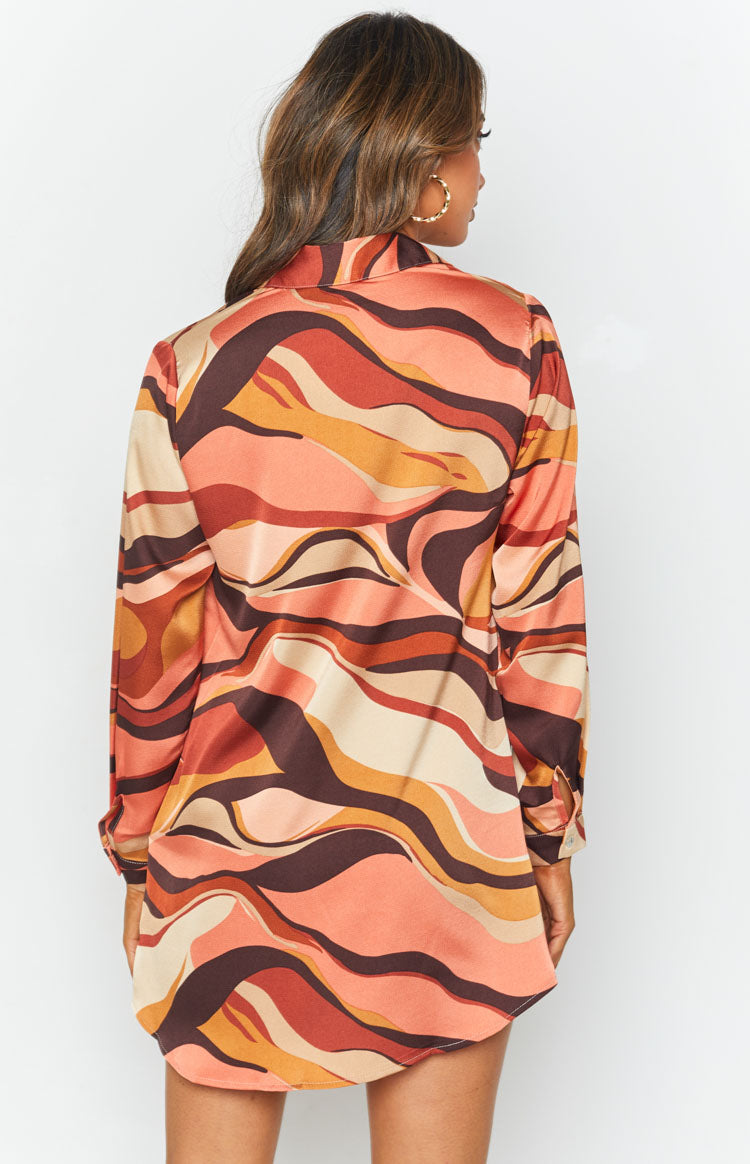 The Wavy Long Sleeve Shirt Dress Pink