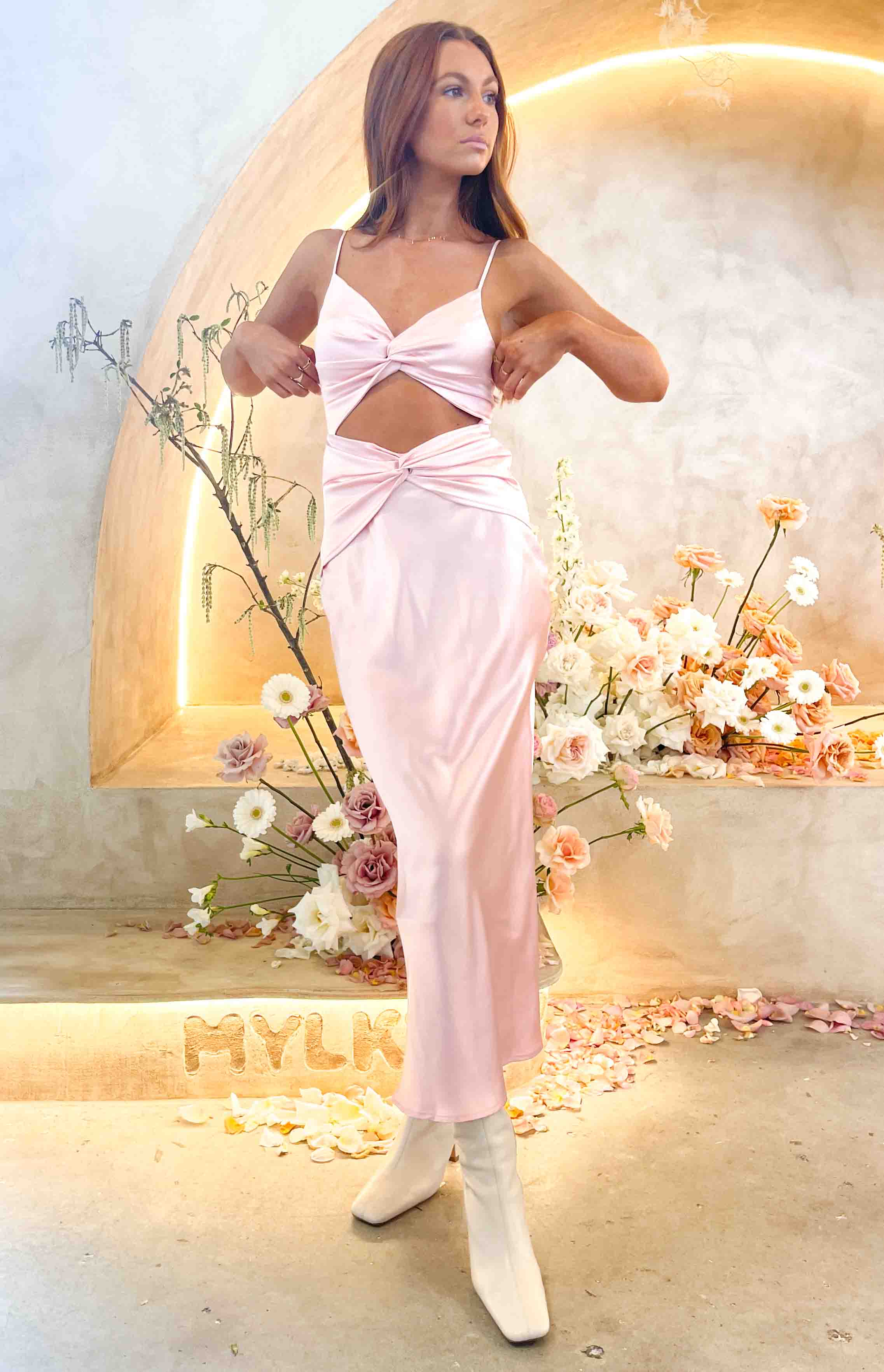 Amelie Pink Twist Satin Midi Dress