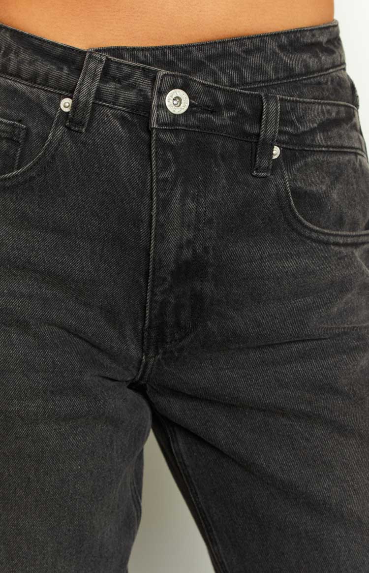 Kansis Washed Black Uneven Waist Jeans