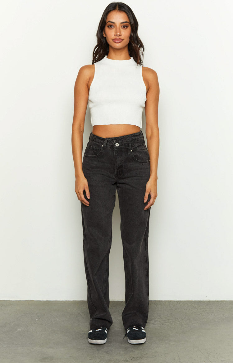 Kansis Washed Black Uneven Waist Jeans