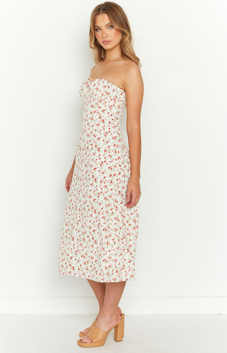Dion White Floral Strapless Midi Dress