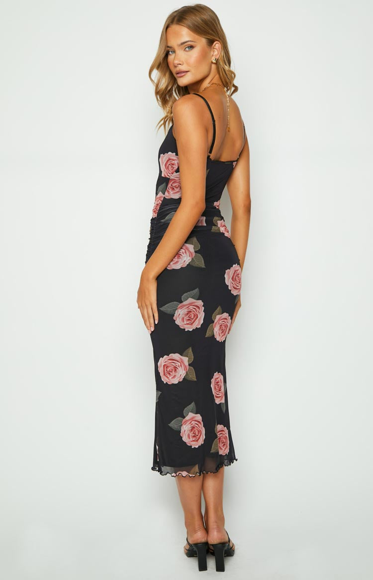 Capri Black Floral Mesh Midi Dress