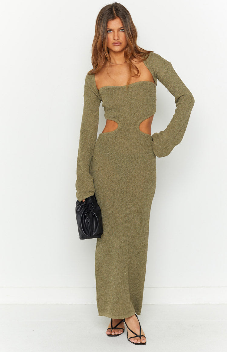 Alba Khaki Long Sleeve Knit Midi Dress